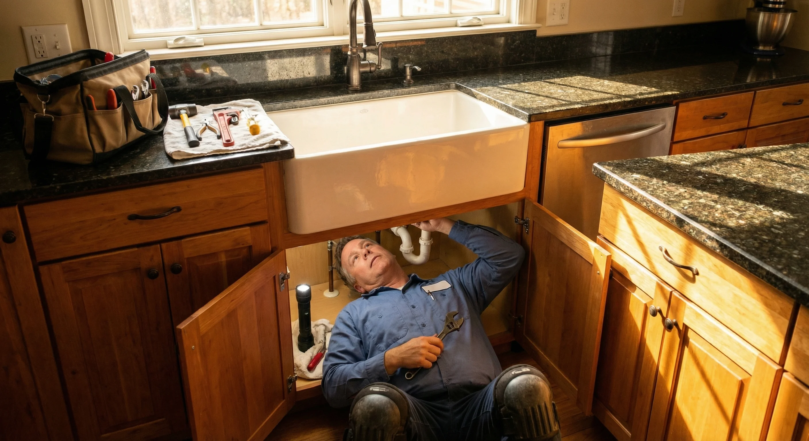 Professional plumber working in a Texas home